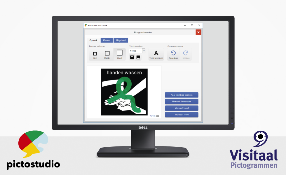 Scherm met screenshot van Pictostudio voor Office, pictogram 'handen wassen' bewerken.