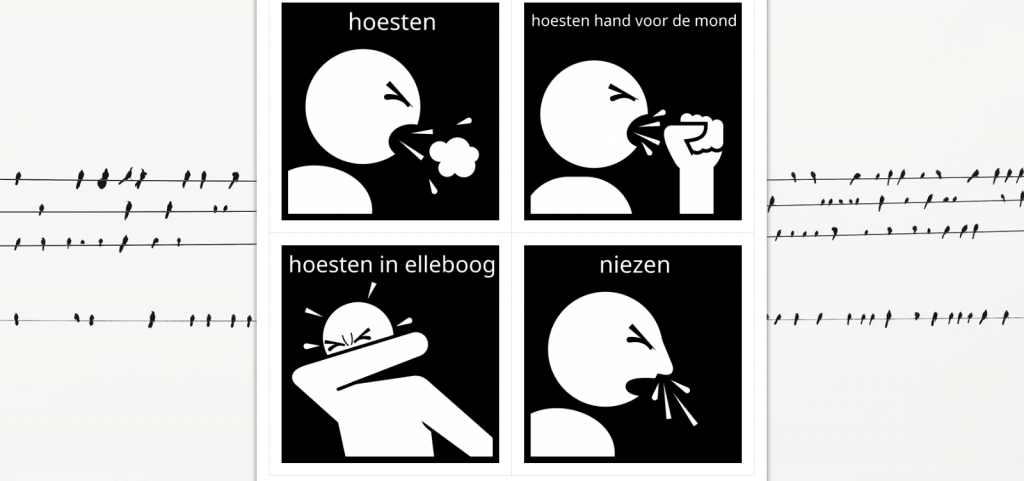 Pictogram hoesten, pictogram hoesten hand voor de mond, pictogram hoesten in elleboog en pictogram niezen.