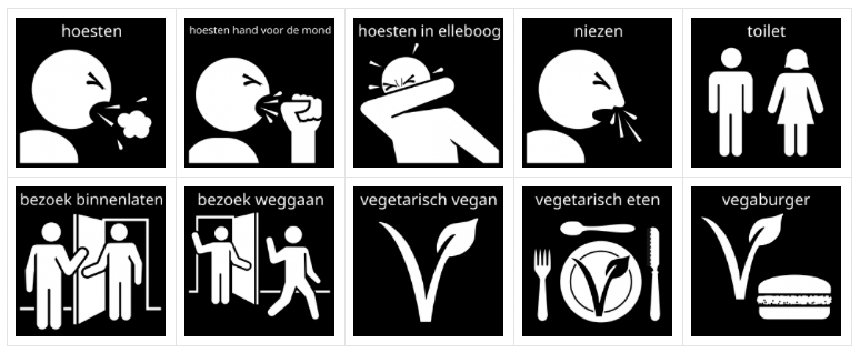 Nieuwe pictogrammen in Pictostudio: hoesten, niezen, hand voor de mond, vegetarisch eten en op bezoek gaan.