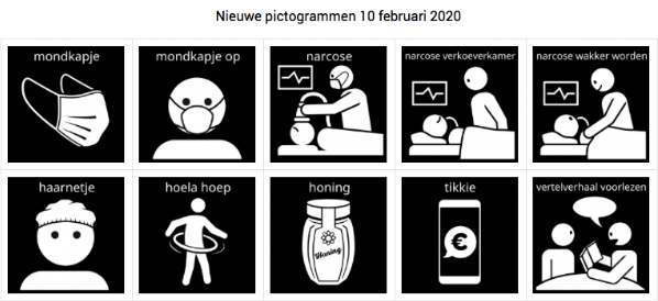 Visitaal-pictogrammen voor mondkapje, narcose, haarnetje, hoela hoep, honing, tikkie en vertelverhaal voorlezen.