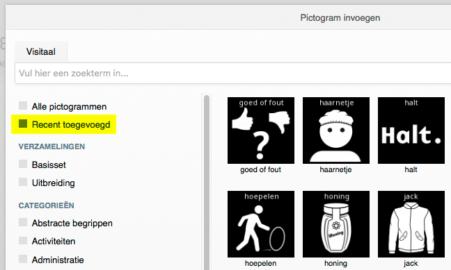 Screenshot met recent toegevoegde pictogrammen.