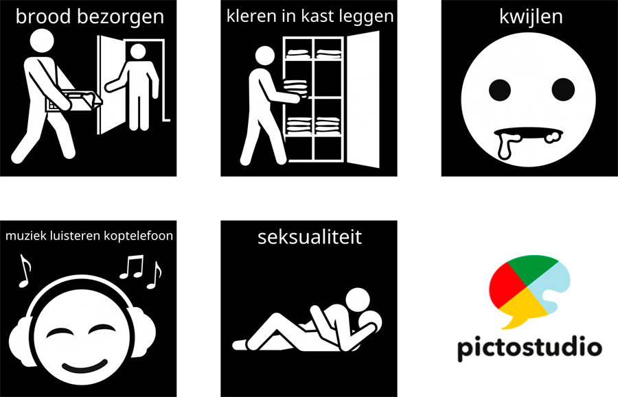 Visitaal-pictogrammen voor brood bezorgen, kleren in kast leggen, kwijlen, muziek luisteren koptelefoon en seksualiteit.