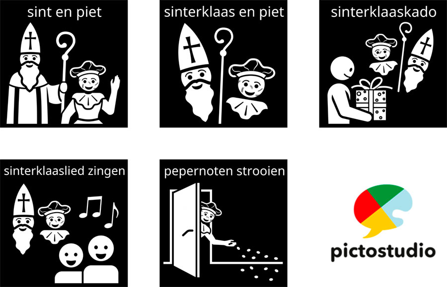 Visitaal-pictogrammen voor sint en piet, sinterklaas en piet, sinterklaaskado, sinterklaaslied zingen en pepernoten strooien.