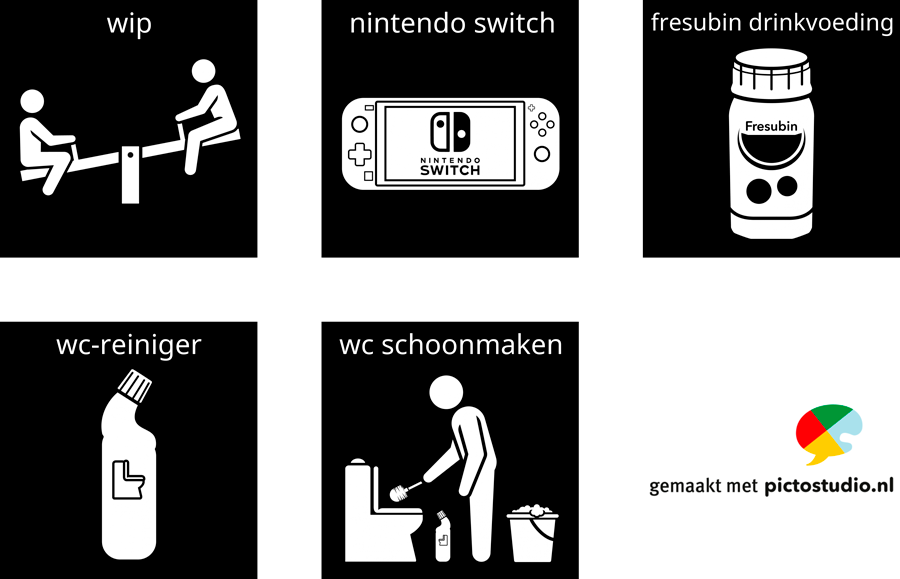 Visitaal-pictogrammen voor wip, nintendo switch, fresubin drinkvoeding, wc-reiniger en wc schoonmaken.