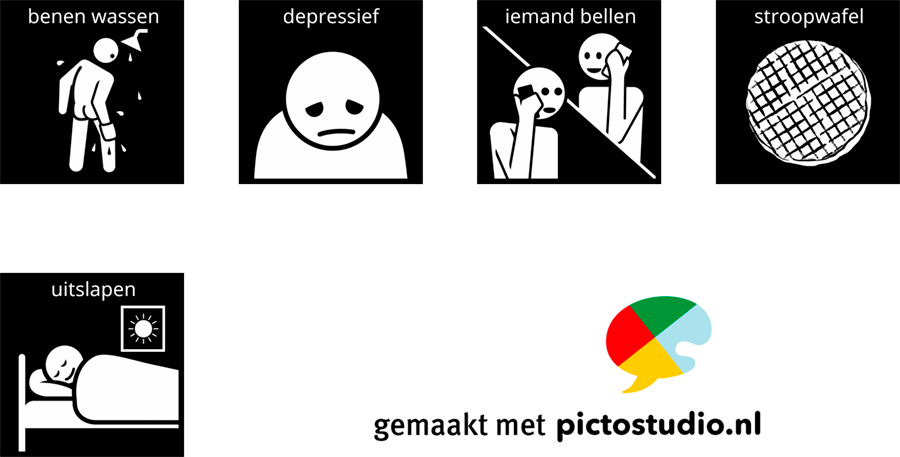 Visitaal-pictogrammen voor benen wassen, depressief, iemand bellen, stroopwafel en uitslapen.