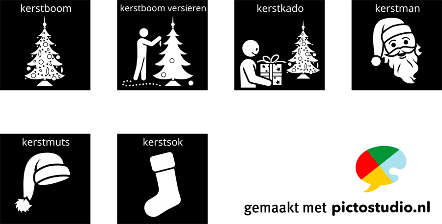 Visitaal-pictogrammen voor kerstboom, kerstboom versieren, kerstkado, kerstman, kerstmuts en kerstsok.