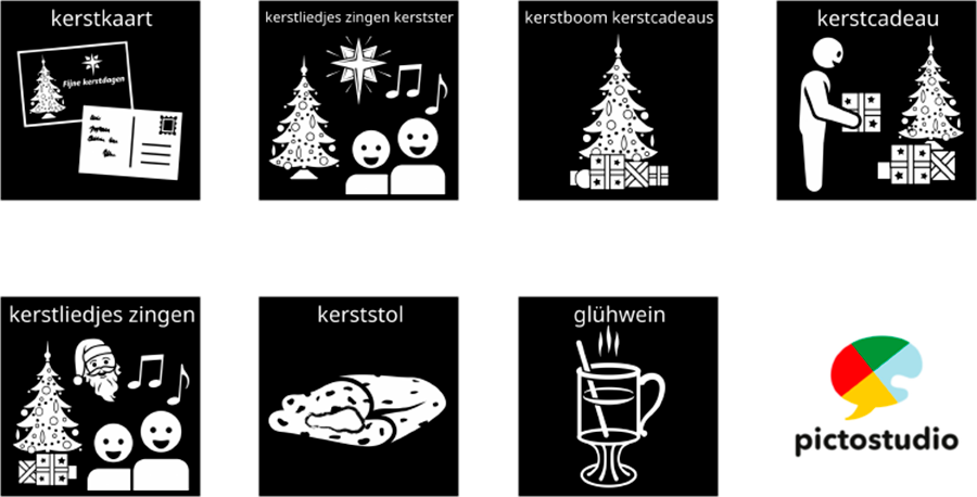 Visitaal-pictogrammen voor kerstkaart, kerstliedjes zingen, kerstboom kerstcadeaus, kerststol en glühwein.