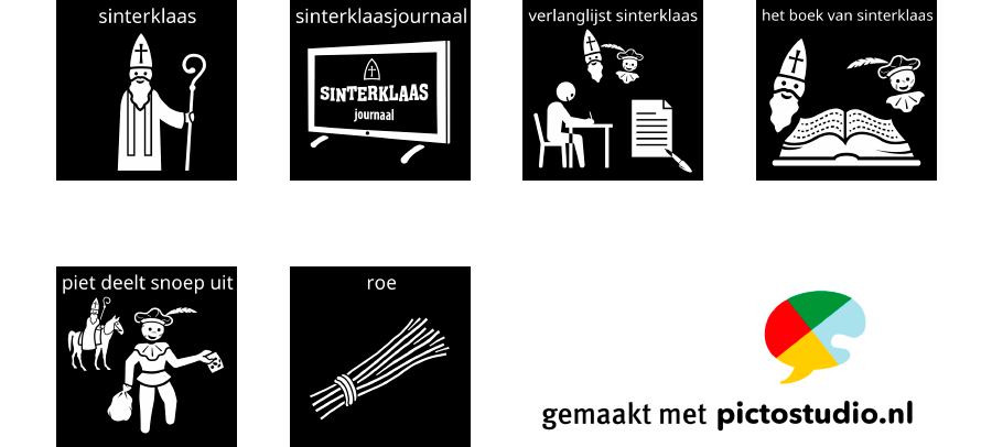 Visitaal-pictogrammen sinterklaas, sinterklaasjournaal, verlanglijst sinterklaas, het boek van sinterklaas, piet deelt snoep uit en roe.