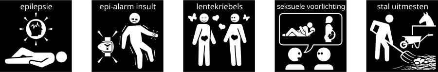 Pictogrammen epilepsie, epi-alarm insult, lentekriebels, seksuele voorlichting en stal uitmesten.