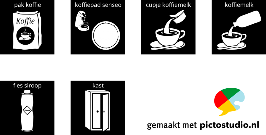 Visitaal-pictogrammen voor pak koffie, koffiepad senseo, cupje koffiemelk, fles siroop en kast.