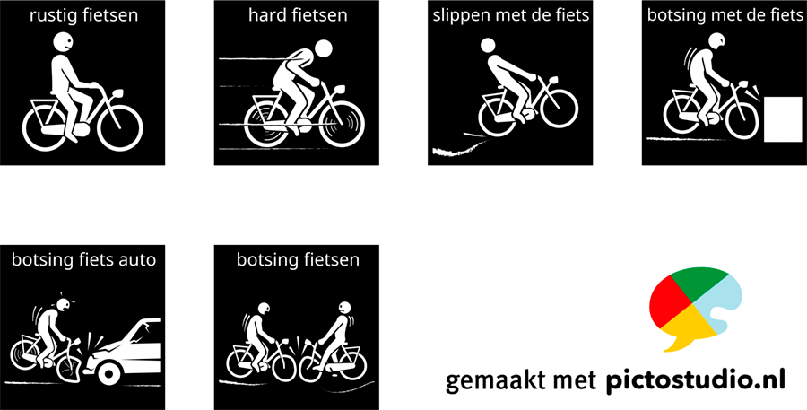 Visitaal-pictogrammen voor rustig en hard fietsen, slippen, botsing met de fiets en botsing fiets auto.
