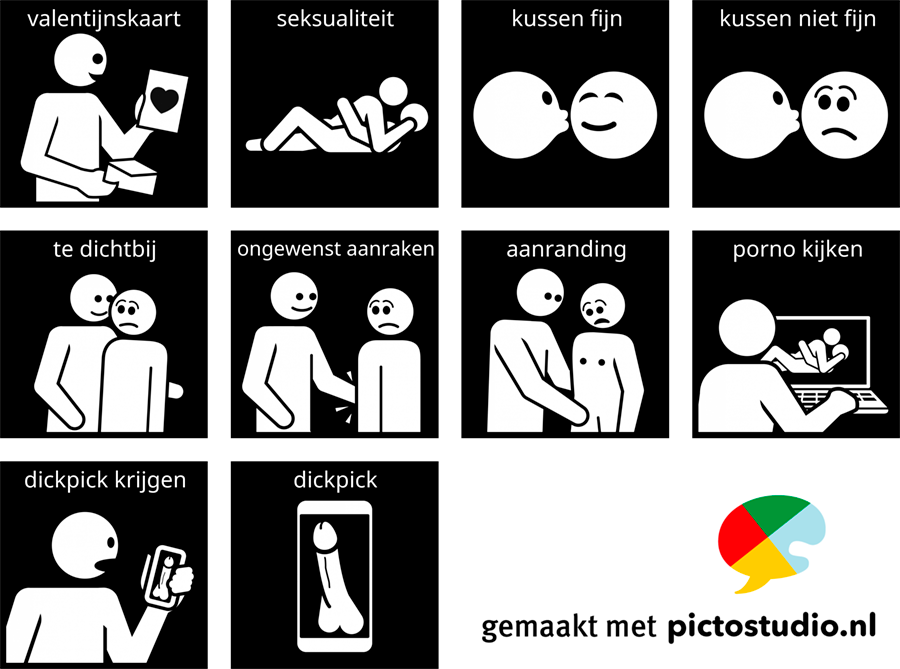 Visitaal-pictogrammen voor valentijnskaart, seksualiteit, kussen fijn en niet fijn, te dichtbij, ongewenst aanraken, aanranding, porno kijken en dickpicks.