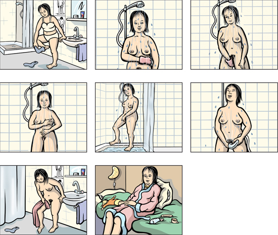 Illustraties stappen vrouw zelfstandig wassen onder de douche.