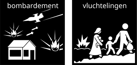 Pictogrammen bombardement en vluchtelingen