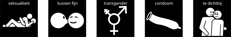 Pictogrammen seksualiteit, kussen fijn, transgender, condoom en te dichtbij.