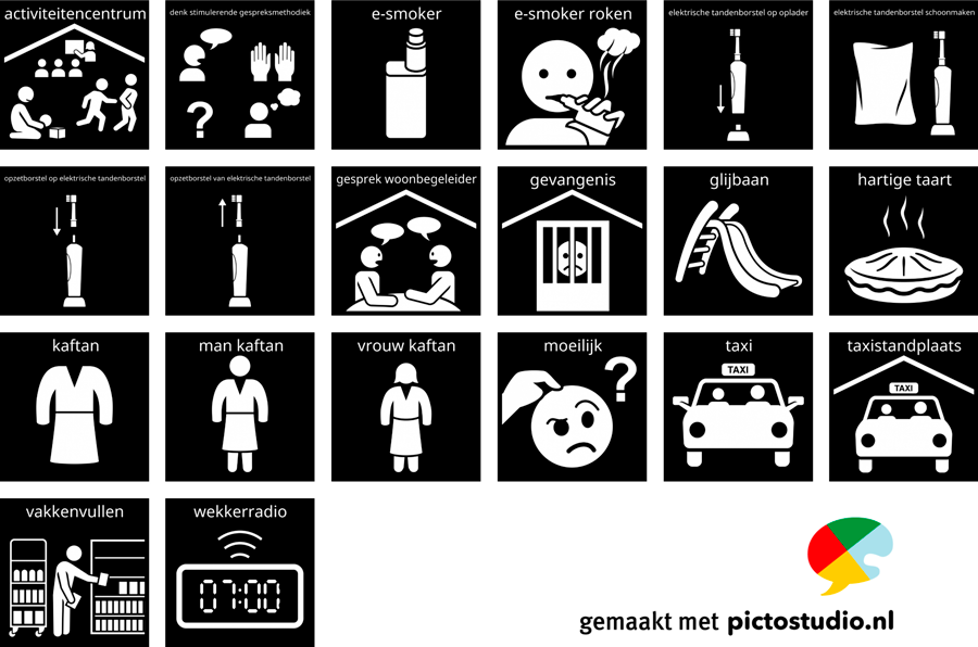 Visitaal-pictogrammen voor activiteitencentrum, denk stimulerende gespreksmethodiek (DGM), e-smoker, e-smoker roken, elektrische tandenborstel op oplader, elektrische tandenborstel schoonmaken, gesprek woonbegeleider, gevangenis, glijbaan, hartige taart, kaftan, man kaftan, vrouw kaftan, moeilijk, naschoolse opvang, opzetborstel op elektrische tandenborstel, opzetborstel van elektrische tandenborstel, taxi, taxistandplaats, vakkenvullen en wekkerradio.