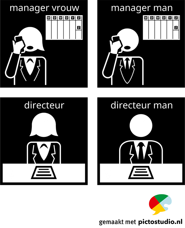 Visitaal-pictogrammen voor manager en directeur, man en vrouw.