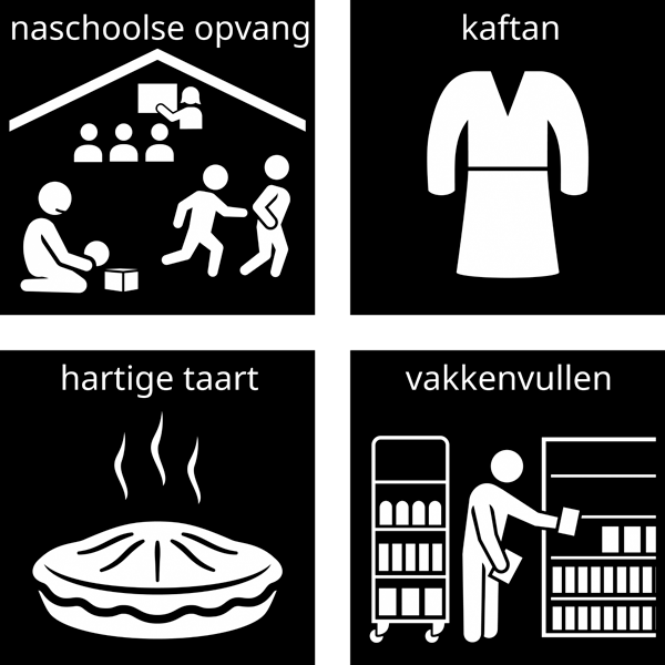 Visitaal-pictogrammen voor naschoolse opvang, kaftan, hartige taart en vakkenvullen.