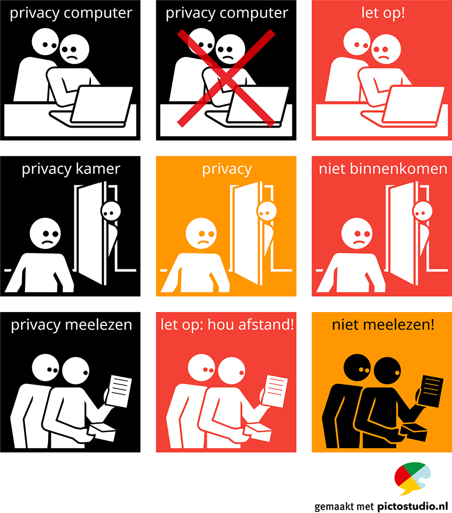 Visitaal-pictogrammen rondom het thema privacy op verschillende manieren opgemaakt.