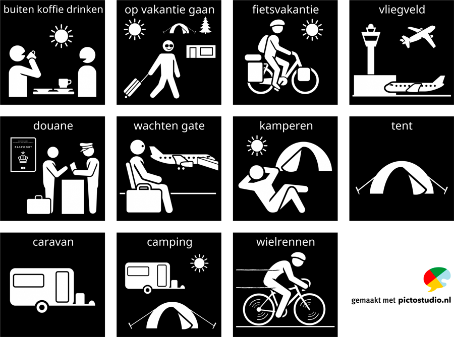 Visitaal-pictogrammen voor buiten koffie drinken, op vakantie gaan, fietsvakantie, vliegveld, douane, wachten gate, kamperen, tent, caravan, camping en wielrennen.