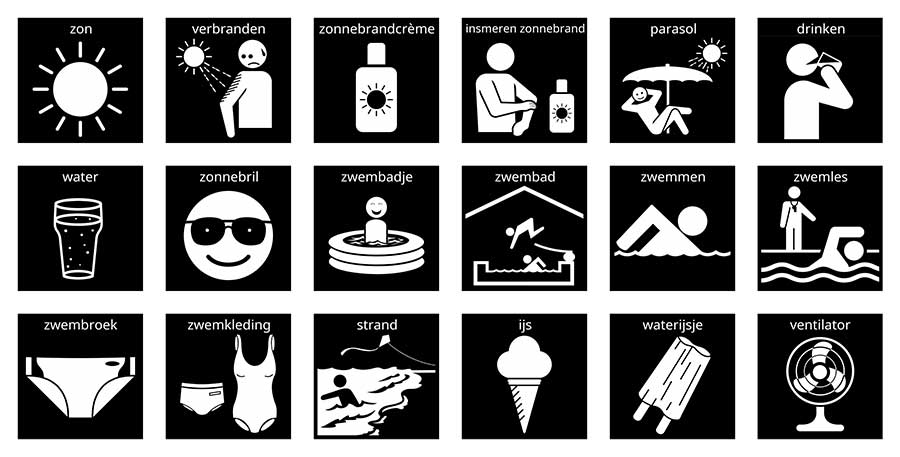 Diverse Visitaal-pictogrammen rondom de thema's hitteplan en hittegolf