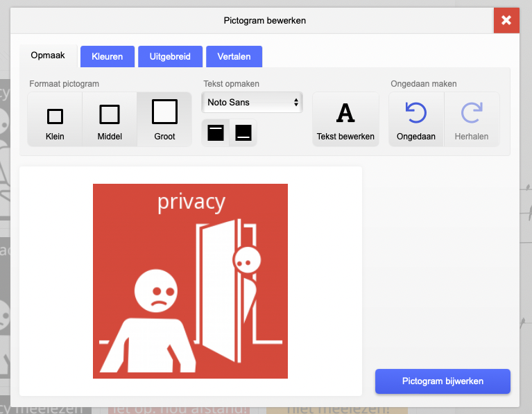 Screenshot Pictostudio Pro, pictogram 'privacy' bewerken met rode achtergrond.