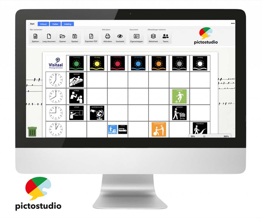 Foto van scherm met Pictostudio Pro, weekschema bewerken en logo linksonder.