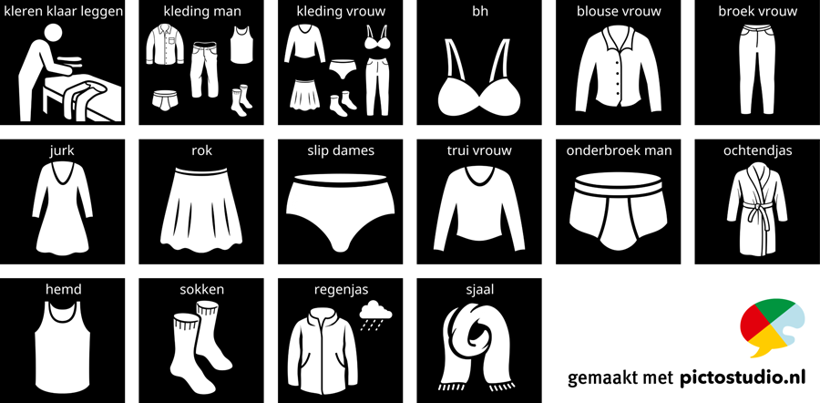 Visitaal-pictogrammen voor kleren klaar leggen, kleding man, kleding vrouw, bh, blouse vrouw, broek vrouw, jurk, rok, slip dames, trui vrouw, onderbroek man, ochtendjas man, hemd, sokken, regenjas en sjaal.