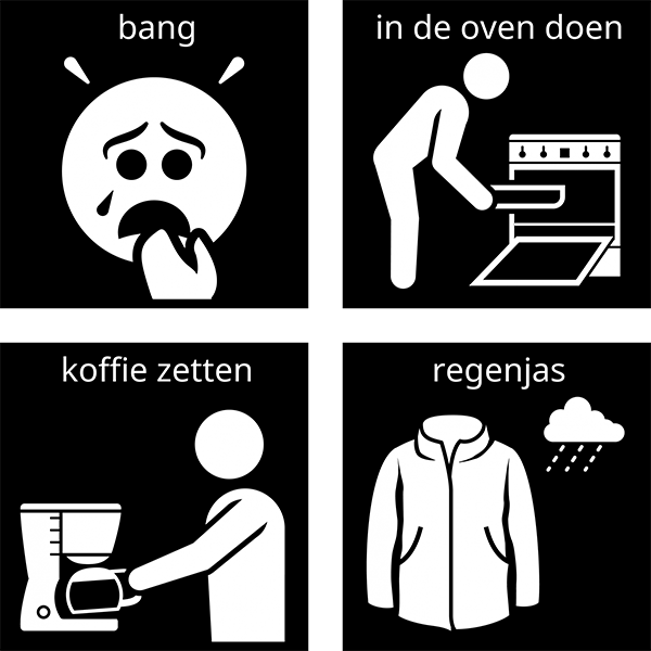 Visitaal-pictogrammen voor bang, in de oven doen, koffie zetten en regenjas