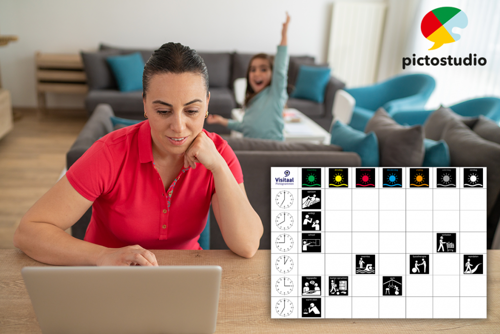 moeder maakt een dagschema met pictogrammen om dagritme te bevorderen